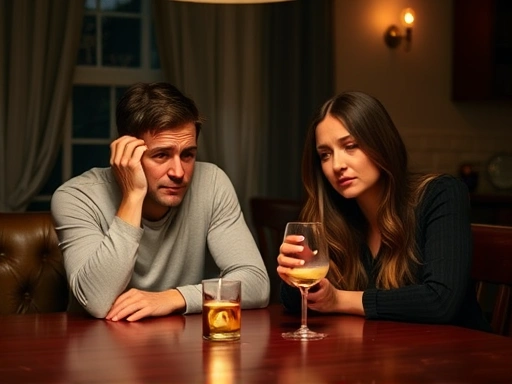 A couple sitting at a table, with one partner looking distressed and the other holding a glass of alcohol, symbolizing the strain of alcohol dependence on a marriage.