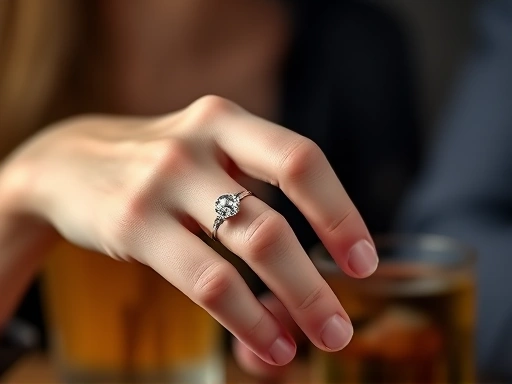 Close-up on a hand reaching for an alcoholic beverage, with a wedding ring visible, emphasizing the impact of alcohol dependence on marital relationships.