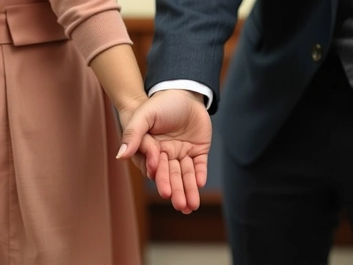 A loving parent gently holds their child's hand, providing comfort and support during a custody hearing.