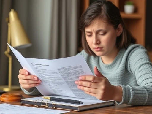 A concerned parent carefully reviews legal documents related to child custody and international relocation, emphasizing due diligence.