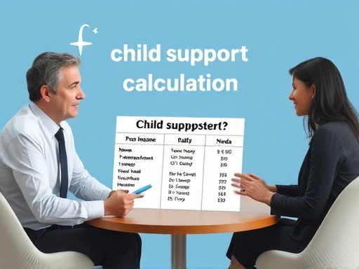 A family discussing child support calculation factors with a lawyer, illustrating income and child's needs.