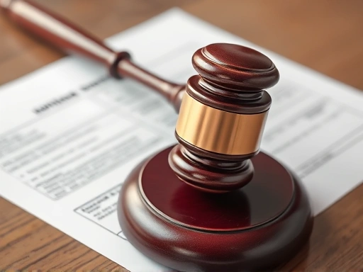 A judge's gavel striking down on legal documents, symbolizing child support enforcement with keywords subtly embedded in the scene.