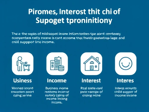 양육비 소득 인정 범위 상세 설명, 소득 종류 아이콘, 근로소득, 사업소득, 부동산 임대소득, 이자소득