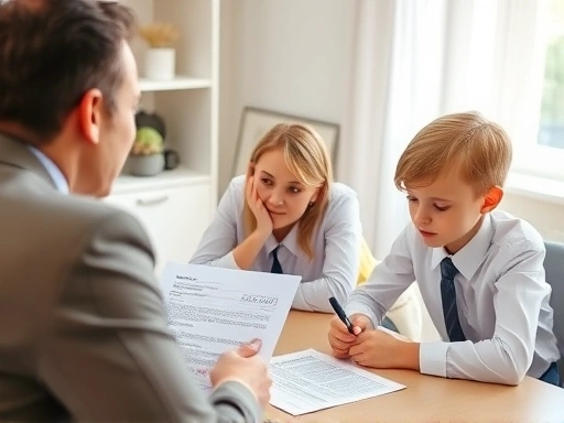 A family discusses child support increase with a lawyer, focusing on legal documents and calculations.