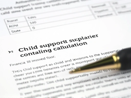 Close-up shot of documents related to child support calculations, emphasizing financial details and legal clauses.