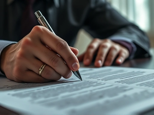 Detailed image of a contract being signed under duress, with subtle lighting highlighting the tension.