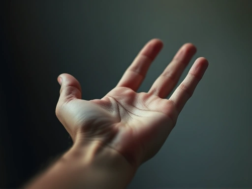Close-up shot of a hand reaching out for help, with a blurred background symbolizing emotional distress.