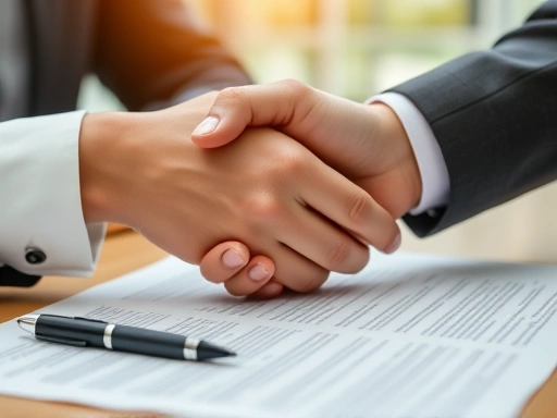 조정 후 원만한 합의를 상징하는 악수하는 손과 그 위에 놓인 서류, 그리고 펜이 클로즈업된 이미지