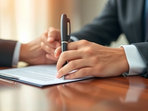 Close-up shot capturing the signing of a mediation agreement, symbolizing the resolution of conflict through collaborative efforts.