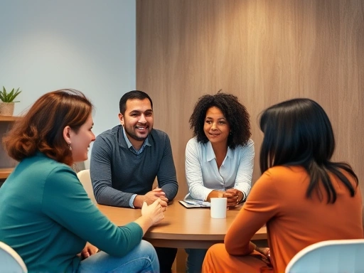 A diverse group collaboratively engages in a mediation session, focusing on constructive dialogue for conflict resolution.