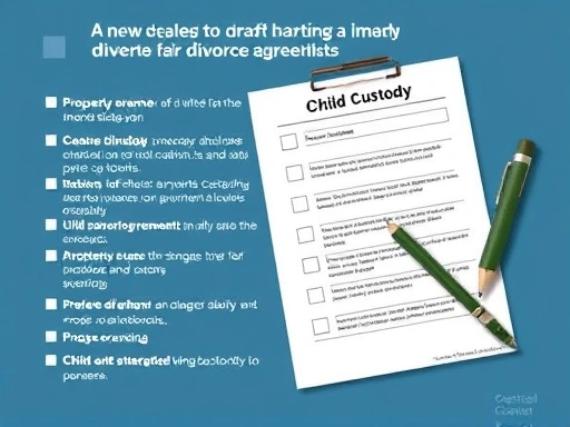 A detailed checklist for drafting a fair divorce agreement, focusing on property division and child custody.