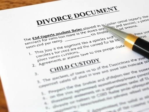 Close-up of divorce documents highlighting key sections for property division and child custody agreements.