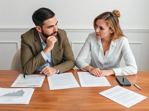 A couple sitting at a table, thoughtfully discussing their divorce agreement, surrounded by legal documents.