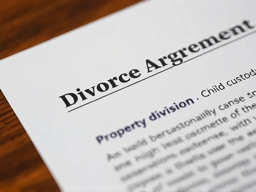 Close-up shot of divorce agreement document highlighting key terms like 'property division' and 'child custody' in detail.