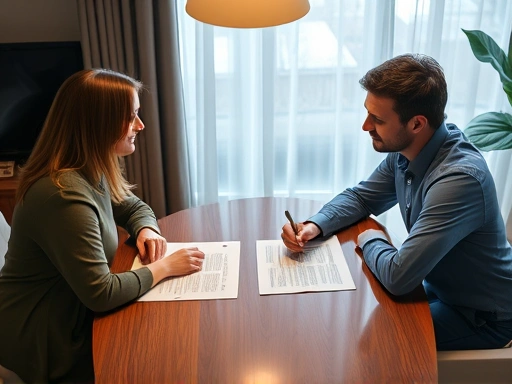 A couple sitting at a table discussing divorce terms, with a focus on the agreement documents and a calm atmosphere.