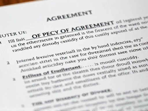 Close-up of a legal document detailing the terms of a divorce agreement, highlighting the clauses on asset division and child custody.