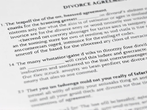 A close-up shot of a divorce agreement document highlighting key sections on alimony and visitation rights.