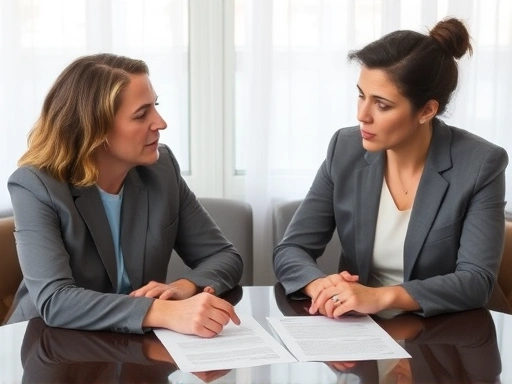 A couple sitting at a table, discussing the terms of their divorce agreement with serious expressions.