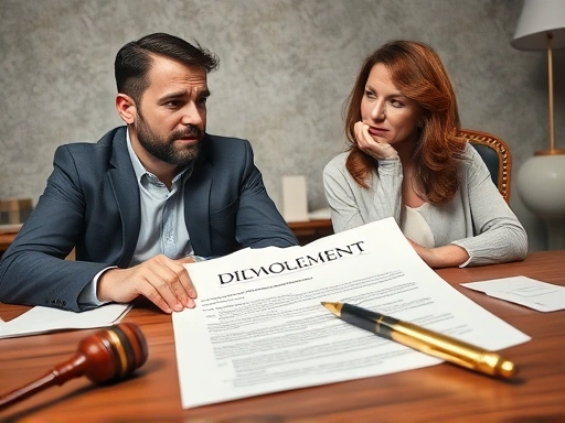 이혼 합의서가 찢어지고 두 남녀가 서로 다른 곳을 바라보며 좌절감을 표현하는 혼란스러운 장면