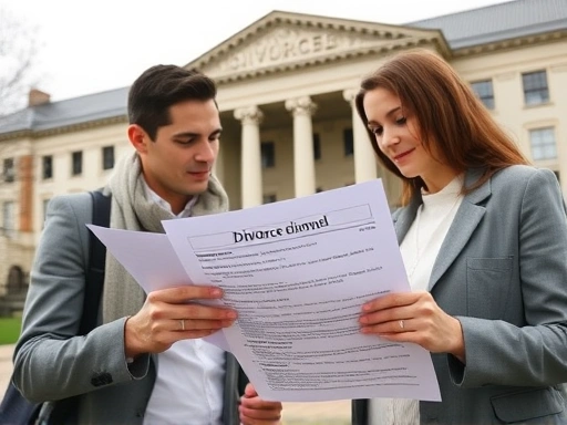 Two people reviewing a divorce application form, highlighting legal documents and a courthouse in the background