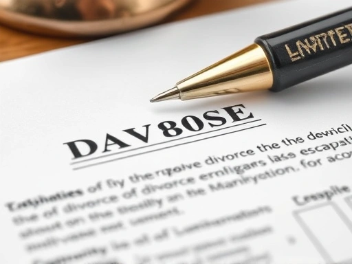 A close-up of a divorce application form with a pen, emphasizing legal details and important clauses for documentation