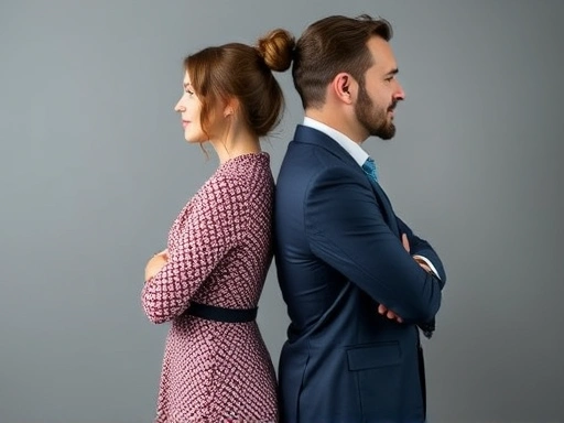 Two people standing back to back, symbolizing the complex legal differences between divorce cancellation and invalidity.