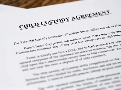Close-up of legal documents outlining child custody agreement, emphasizing details of parental responsibilities and visitation rights.