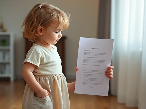 A child standing with their parent, looking thoughtfully at a document about name change after divorce.