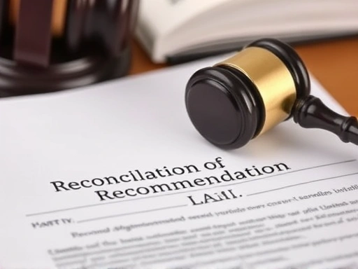 A close-up image of a judge's gavel resting on legal documents, symbolizing the 화해권고 process in 이혼소송.