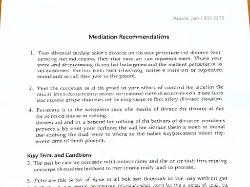 Detailed view of a 화해권고결정 document, highlighting key terms and conditions relevant to 이혼 and 법률 procedures.