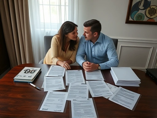 A couple sitting at a table, deep in discussion, with legal documents spread out before them, symbolizing the complexities of divorce consideration