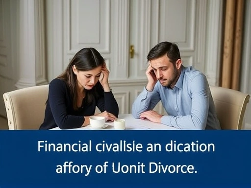 A couple sitting at a table, looking stressed while discussing finances, symbolizing the financial considerations before making a decision about divorce.