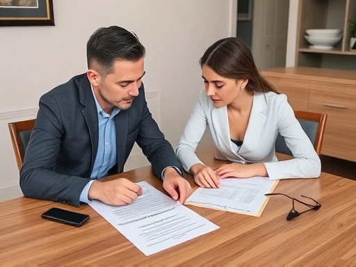 A couple sitting at a table, discussing divorce papers, with a focus on the financial aspects of the agreement.