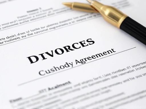 Close-up of divorce-related documents, highlighting essential items like property lists and custody agreements.