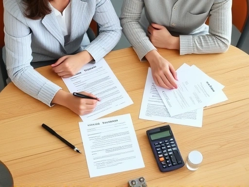 A couple discussing divorce and debt division, with legal documents and calculators on the table.
