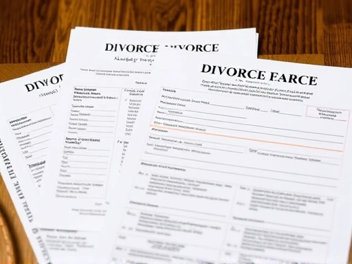 A detailed list of divorce documents, including family and marriage certificates, displayed on a wooden table.