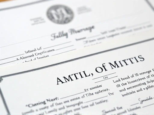 Close-up shot of family and marriage certificates, highlighting the official seals and document details for divorce proceedings.