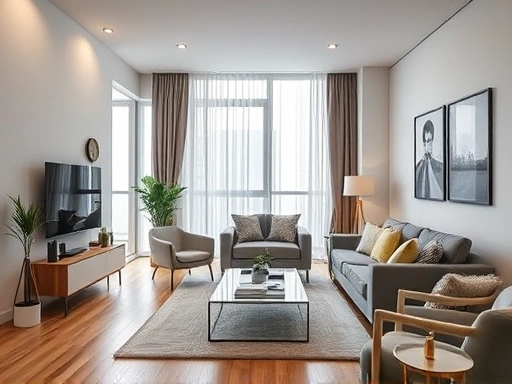 A modern apartment interior, symbolizing the challenges of housing rights during a divorce settlement, with a focus on fair division of assets.
