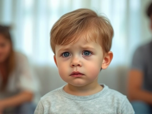A child looking sad after parents' divorce, with blurred background and soft lighting, focusing on the child's expression.