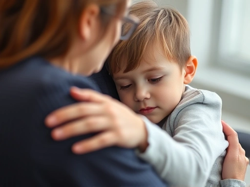 Close-up shot of a therapist comforting a child during a counseling session, emphasizing empathy and support for children of divorce.
