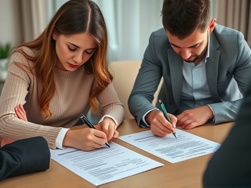 A couple sadly signing divorce papers with a lawyer present, focusing on the legal documents and somber atmosphere.