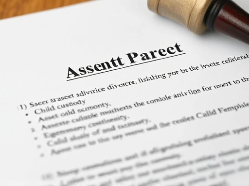 Close-up shot of divorce papers showing key clauses about asset division, child custody, and alimony payments.