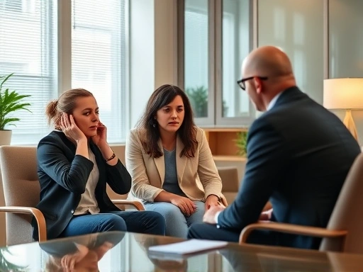 A stressed couple discussing divorce with a calm lawyer in a bright office, SEO keywords included.