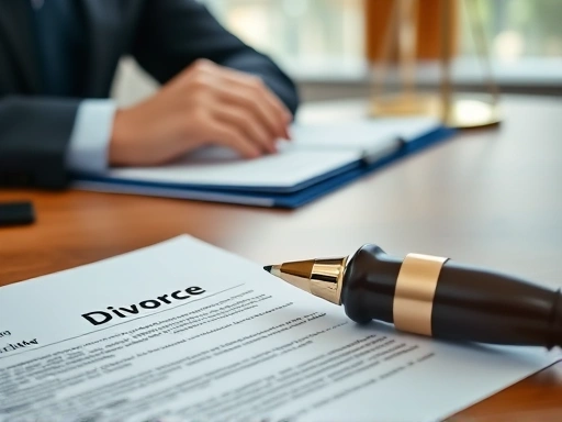 Close-up shot of legal documents on a lawyer's desk during a divorce consultation, SEO keywords visible.