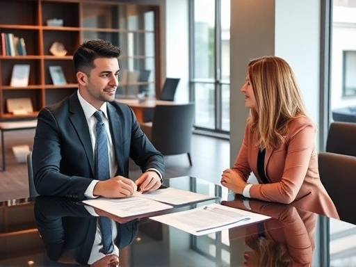A lawyer confidently discussing divorce case strategy with a client in a modern office, legal documents on the table.