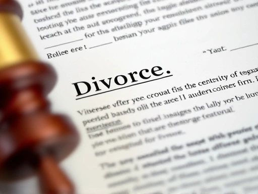 Close-up of legal documents related to a divorce case, highlighting key clauses and legal jargon with a professional touch.