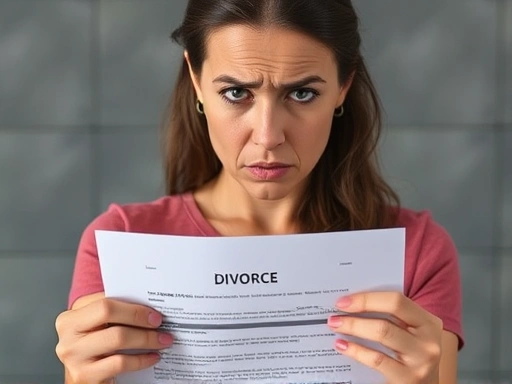 A woman looking stressed while holding divorce papers, representing the challenges of divorcing a missing spouse.