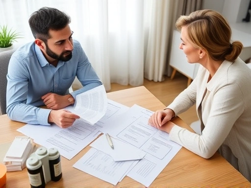 A couple discussing divorce settlement details, focusing on pension division and financial planning, with legal documents on the table.
