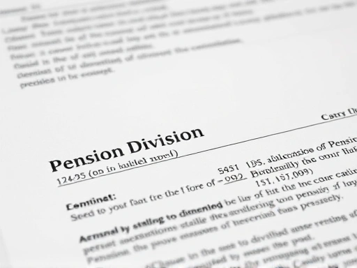 Close-up of legal documents related to pension division during a divorce, highlighting the specific clauses and financial calculations involved.