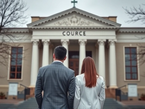 법원 건물 앞에서 고민하는 부부, 이혼 방법과 기간 비교 정보 찾는 모습